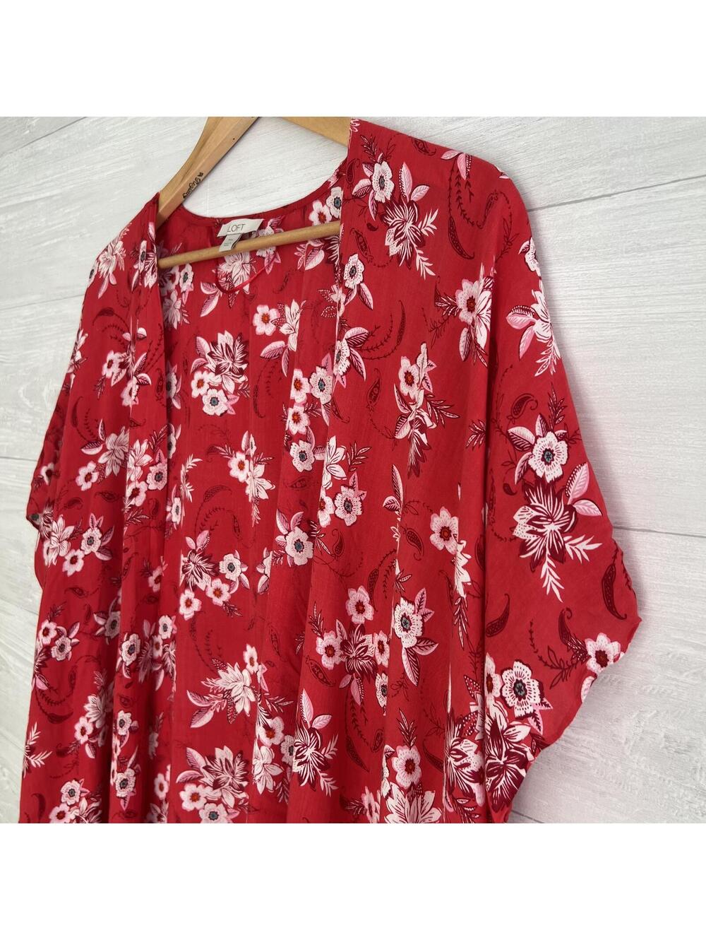 LOFT - Red floral lightweight open kimono top, M/L - Picture 3 of 9